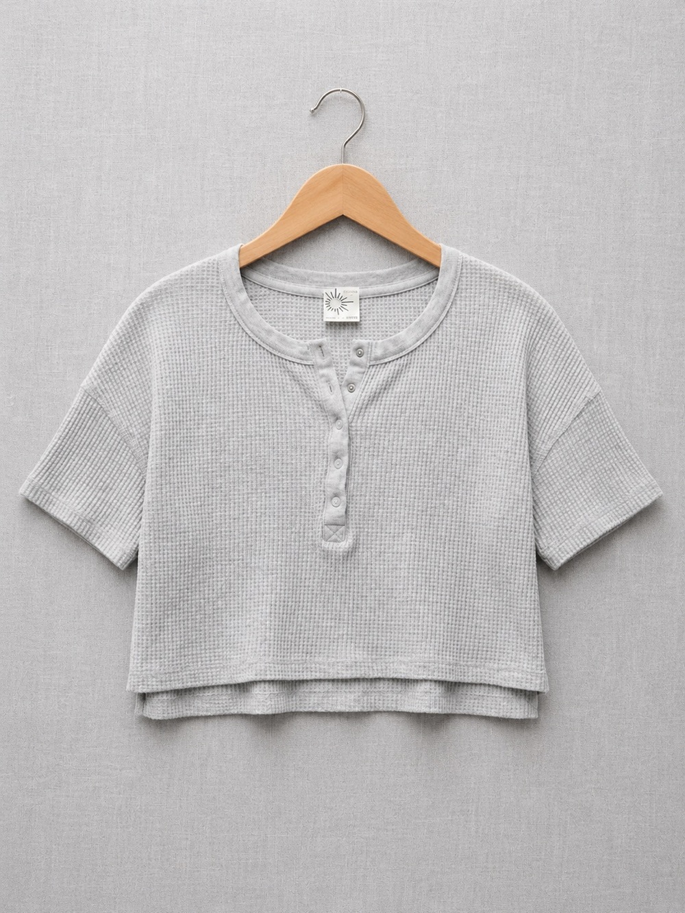 aerie Wow! Waffle Cropped Henley Short Sleeve T-Shirt Light Gray